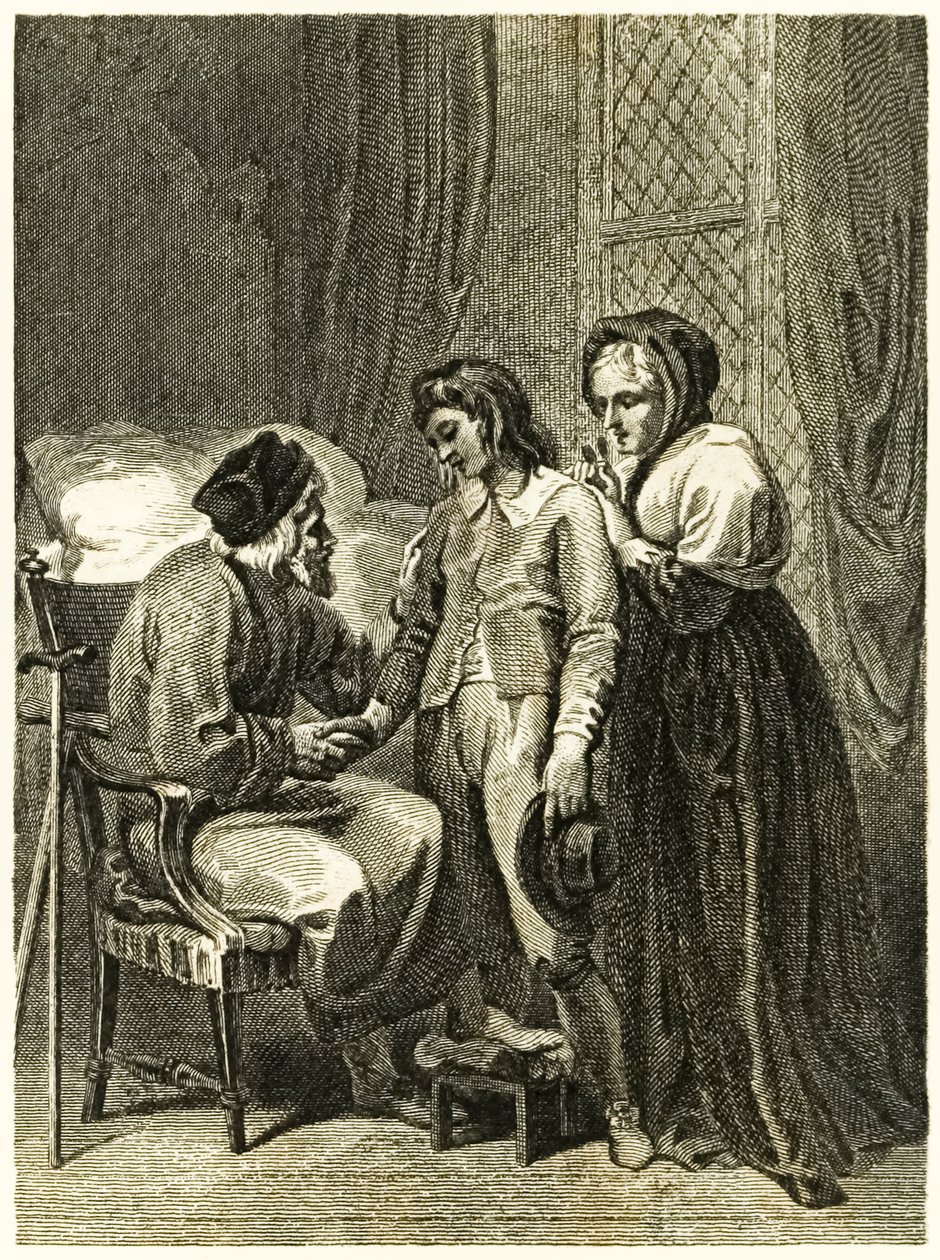 Frontispiz-Illustration von Robinson Crusoe, die zeigt, wie Crusoe sich von seinem Vater und seiner Mutter verabschiedet. Aus 