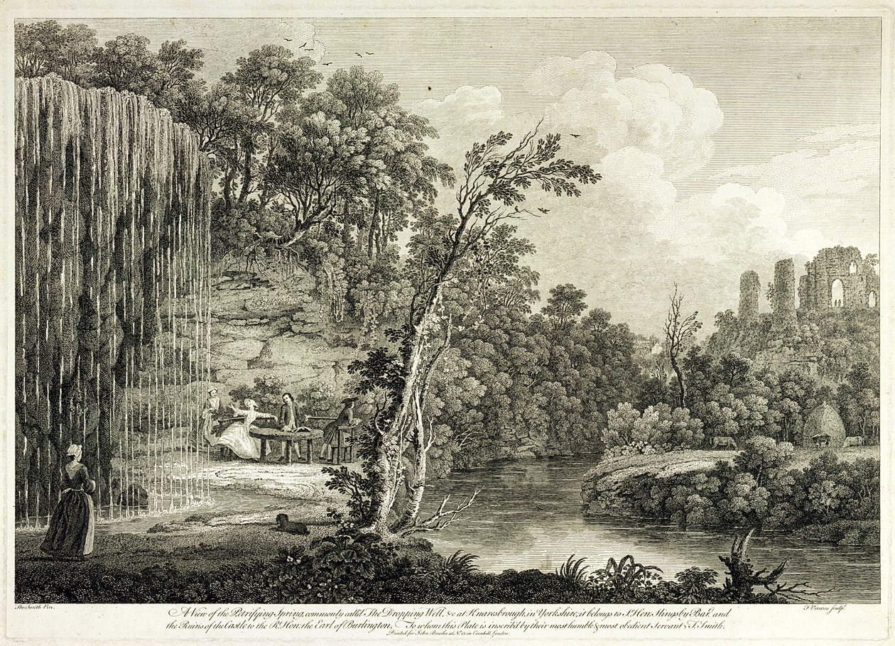 Ansicht der Versteinerungsquelle, allgemein als Tropfbrunnen in Knaresborough in Yorkshire bekannt, graviert von Francois Vivares (1709-80) von Thomas of Derby Smith