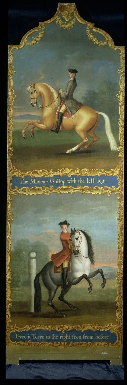Der Manege-Galopp oder Carriere (oben) und Terre a Terre nach rechts von vorne gesehen (unten) von Thomas, of Pall Mall Butler