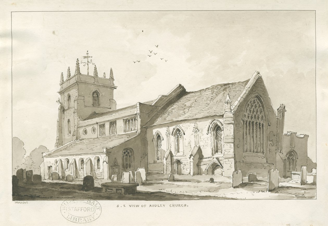 Audley Kirche (Sepia-Zeichnung) von Thomas Peploe Wood