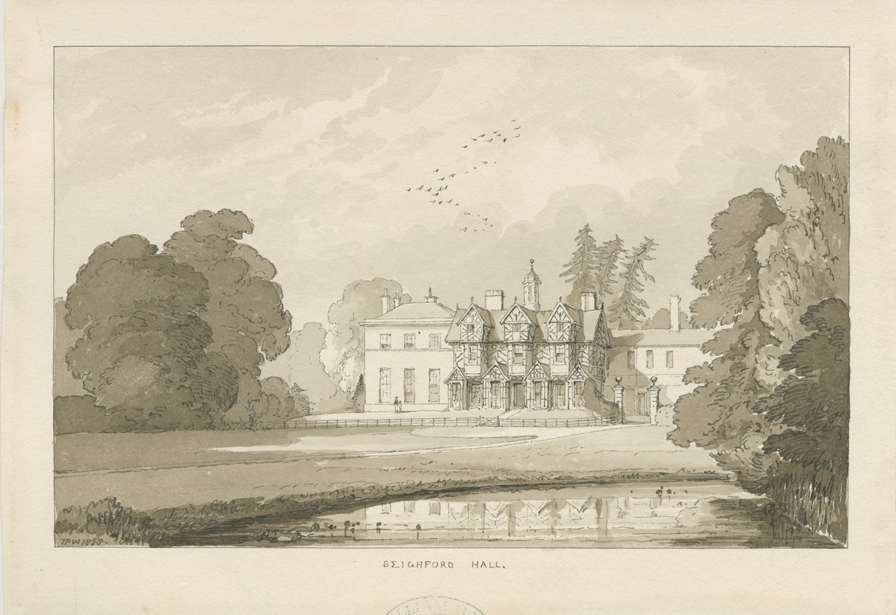 Seighford Hall: Sepia-Waschzeichnung von Thomas Peploe Wood