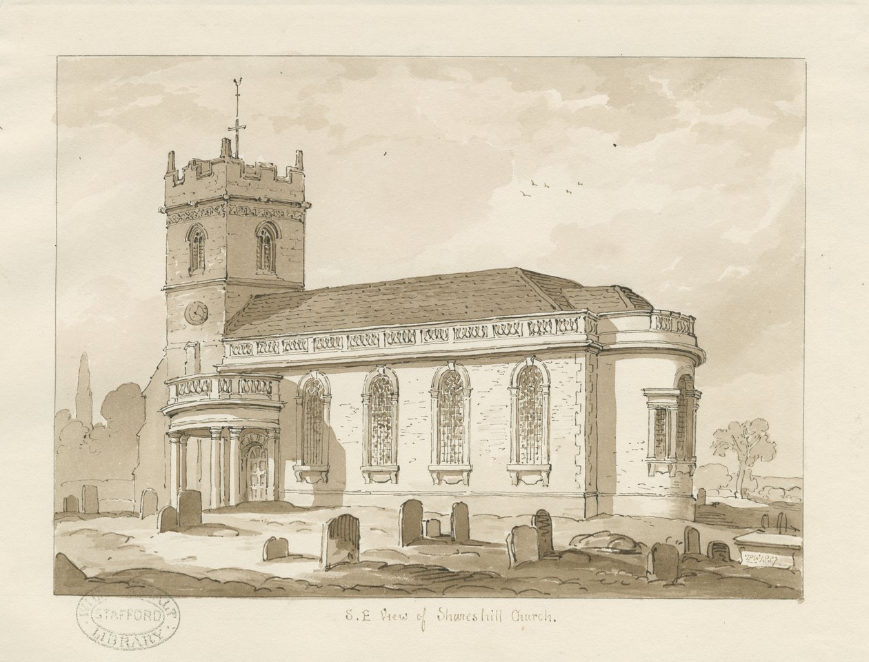 Shareshill Kirche: Sepia-Zeichnung, 1837 von Thomas Peploe Wood