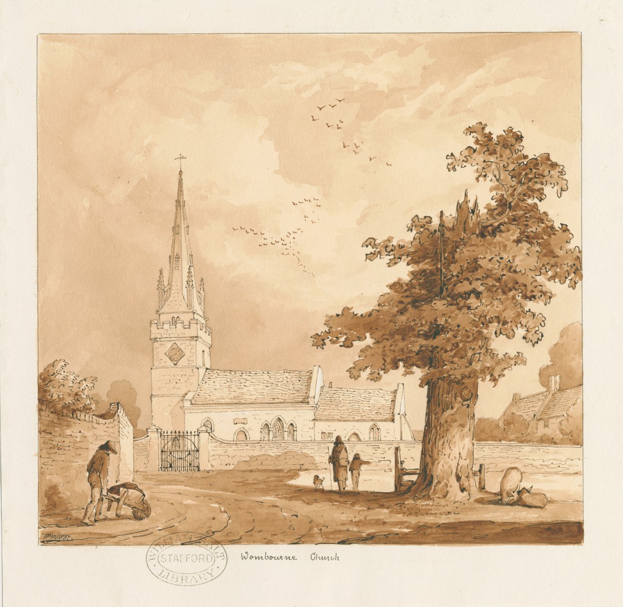 Wombourne Kirche: Sepia-Zeichnung von Thomas Peploe Wood