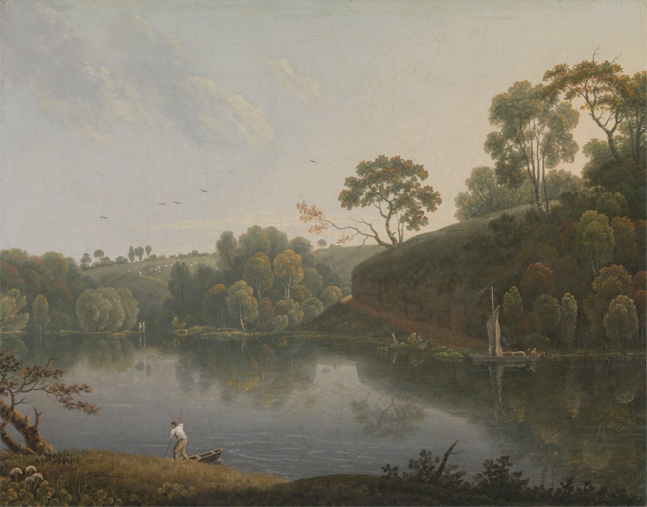 Landschaft mit einem See und Booten von Thomas Wright
