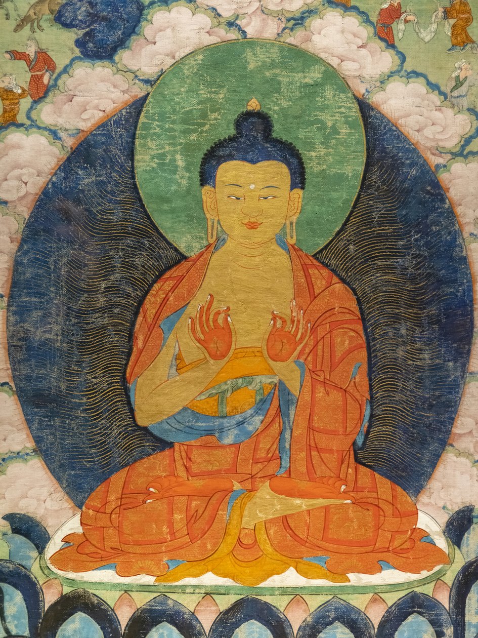 Buddha und drei Jakata: Mahakapi, Ruru, Shaabhamiga von Tibetan School