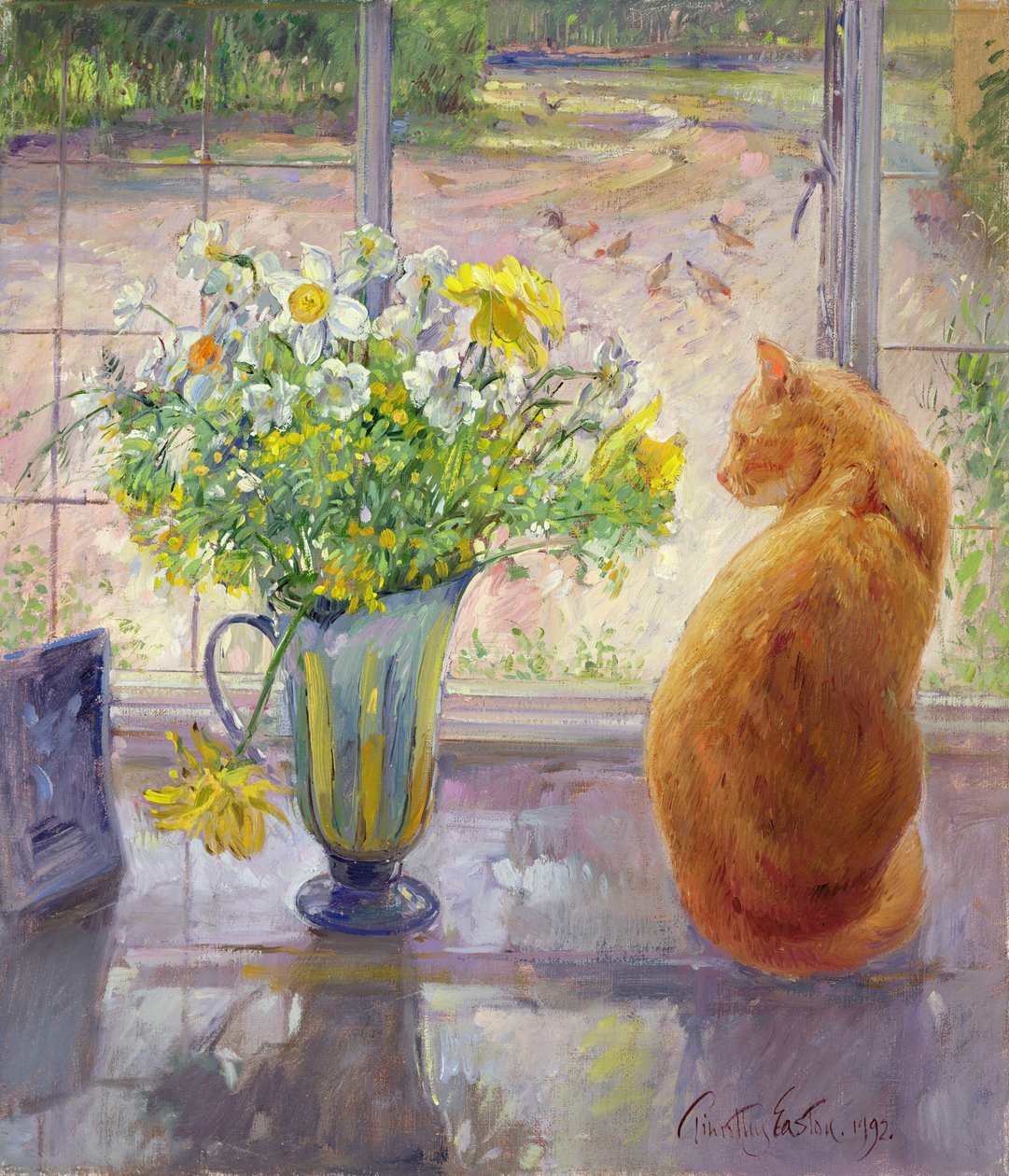 Gestreifter Krug mit Frühlingsblumen, 1992 von Timothy Easton