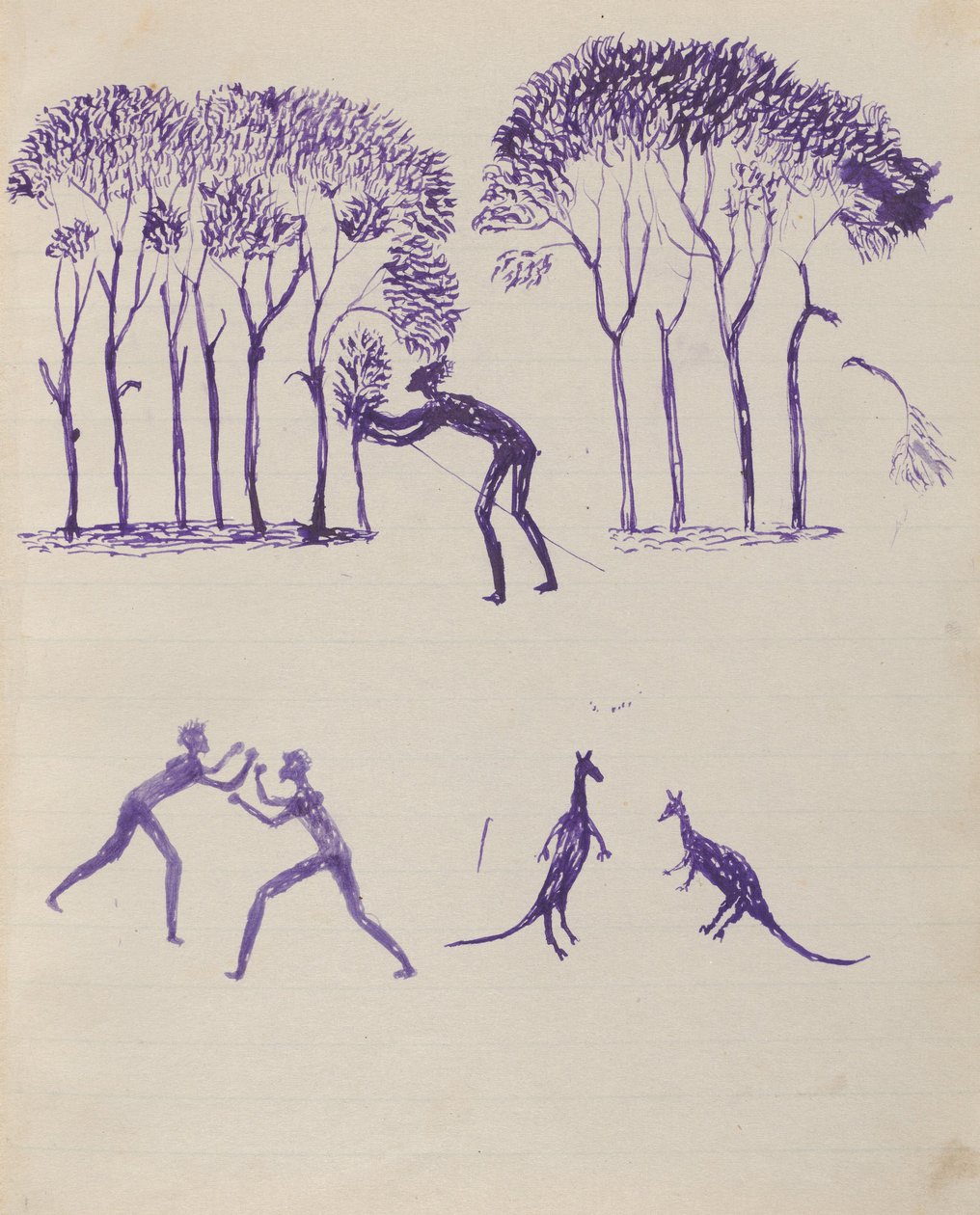 Kwatkwat-Leute - (Aborigines verstecken sich in Bäumen; Kampf; kämpfende Kängurus) Skizzenbuch hauptsächlich über Aktivitäten der Aborigines von Tommy McRae