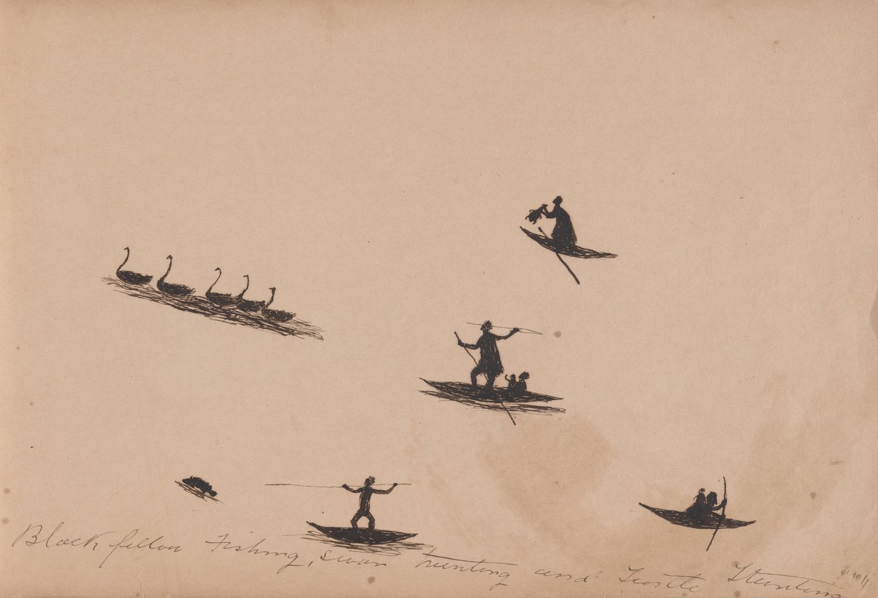 Kwatkwat Volk - Schwarze fischen, jagen Schwäne und Schildkröten - Skizzenbuch der Aktivitäten der Aborigines von Tommy McRae