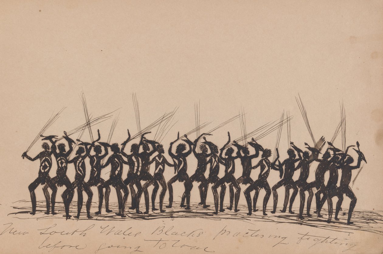 Kwatkwat Volk - New South Wales Schwarze üben das Kämpfen vor dem Krieg - Skizzenbuch der Aktivitäten der Aborigines von Tommy McRae