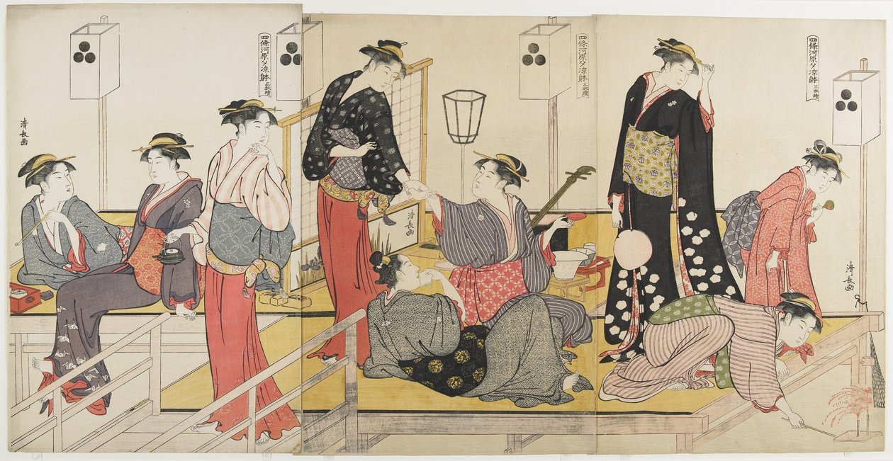 Triptychon der Abkühlung am Abend am Shijo-Flussufer, 1784 von Torii Kiyonaga