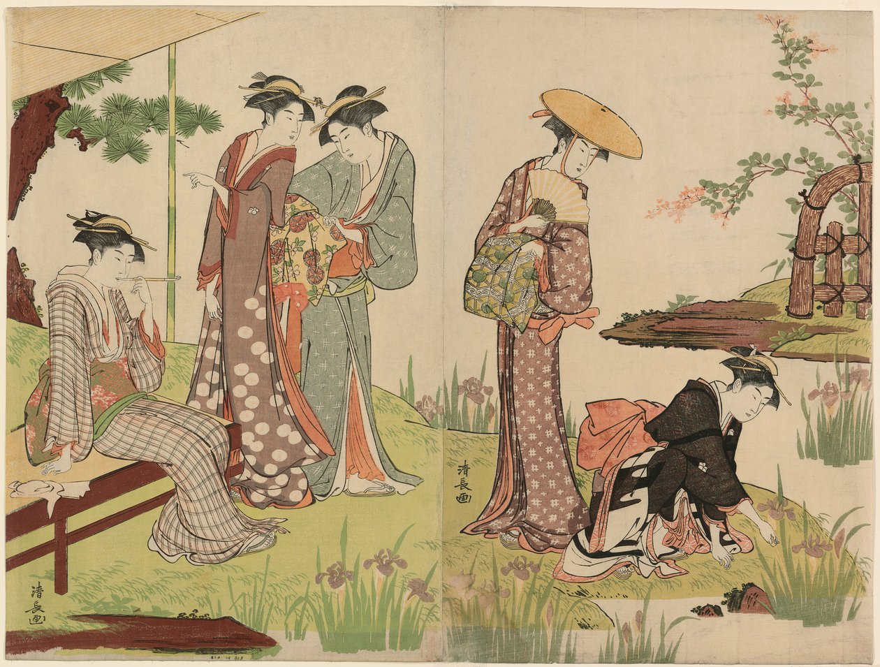 An einem Iris-Teich von Torii Kiyonaga