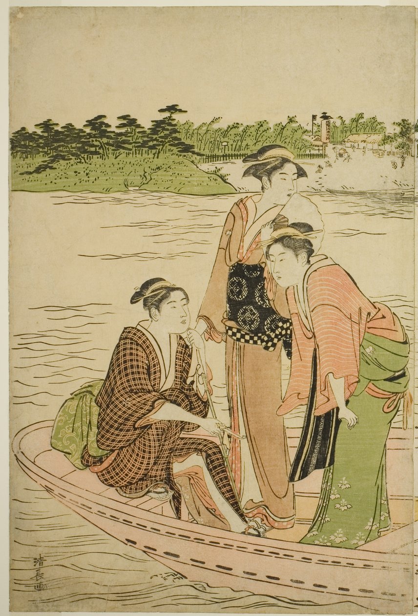 Fähre auf dem Rokugo Fluss von Torii Kiyonaga