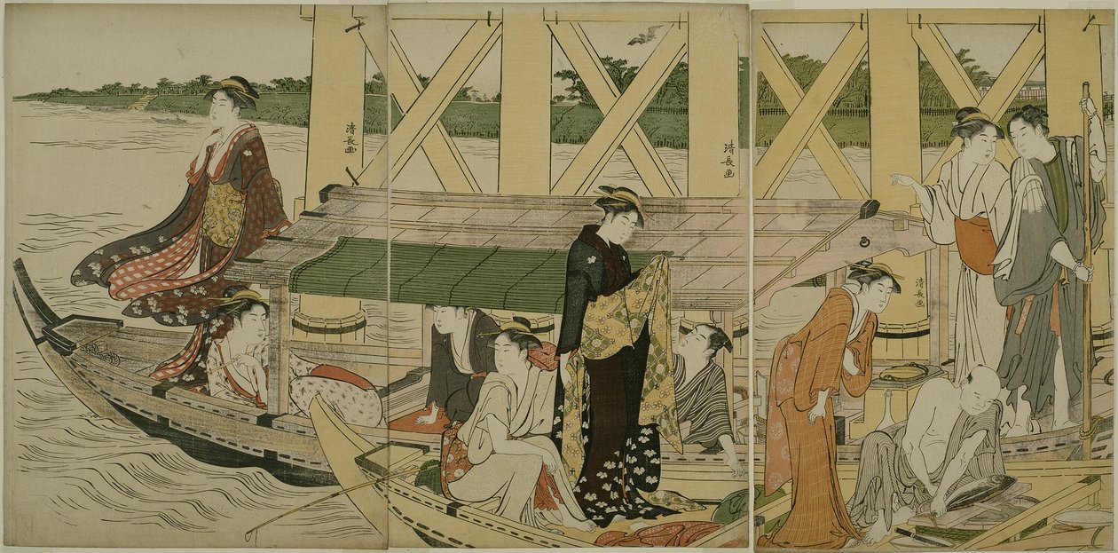 Vergnügungsboote unter der Azuma-Brücke von Torii Kiyonaga