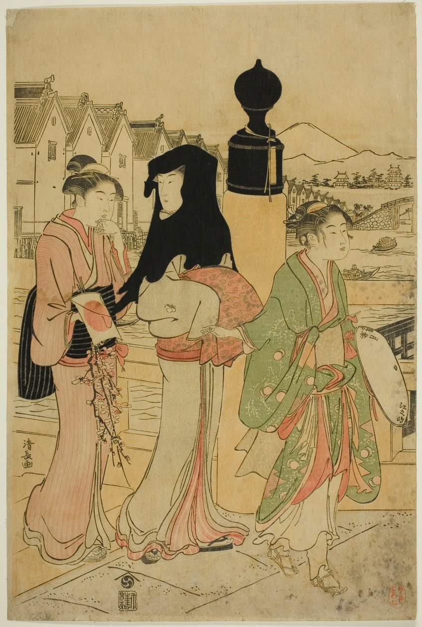 Frauen überqueren die Nihonbashi-Brücke von Torii Kiyonaga