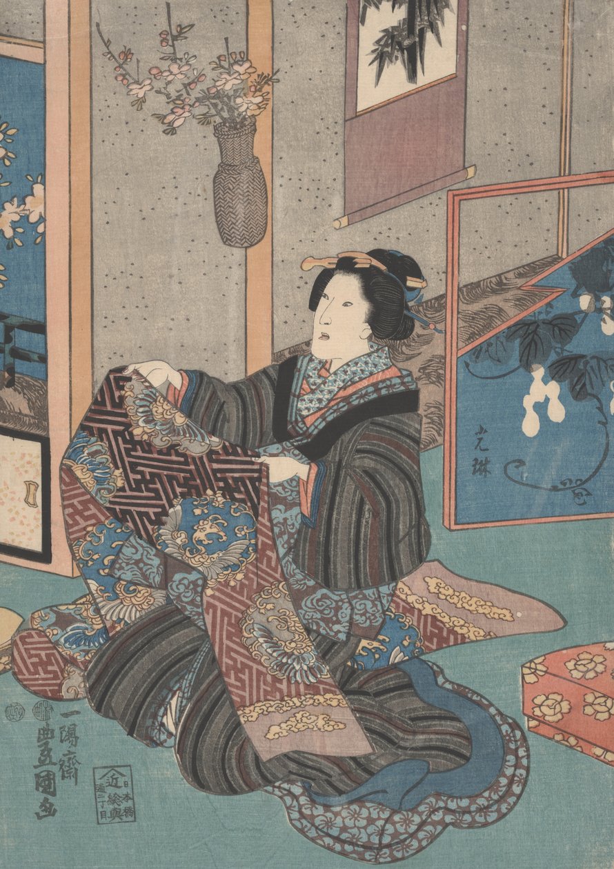 Dame hält einen Obi von Utagawa Toyokuni