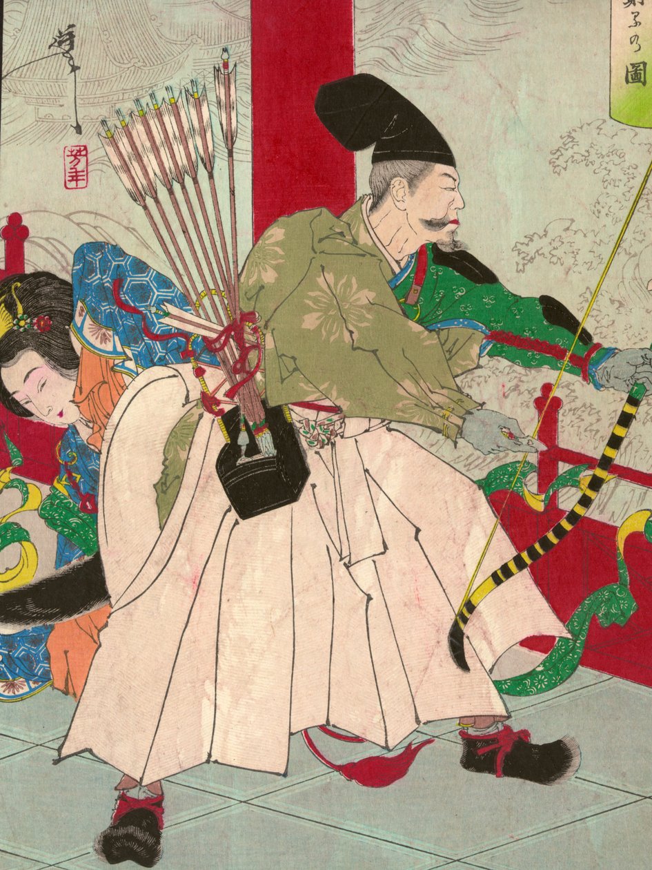 Watanabe no Tsuna, mit Bogen und Pfeilen, im Palast des Dämons Ibaraki, ca. 1880 von Tsukioka Yoshitoshi