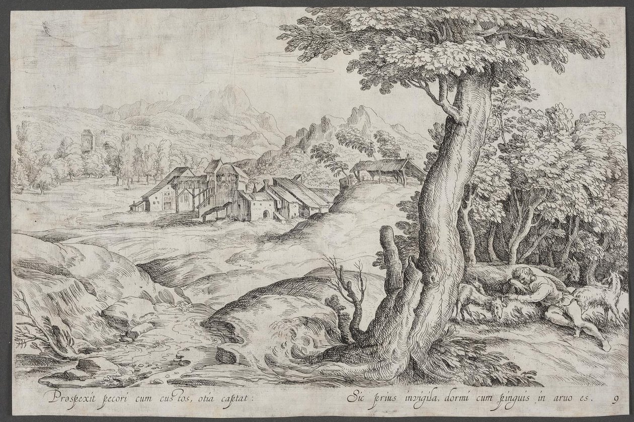 Landschaft mit einer Stadt und einem schlafenden Hirten von Ubekendt