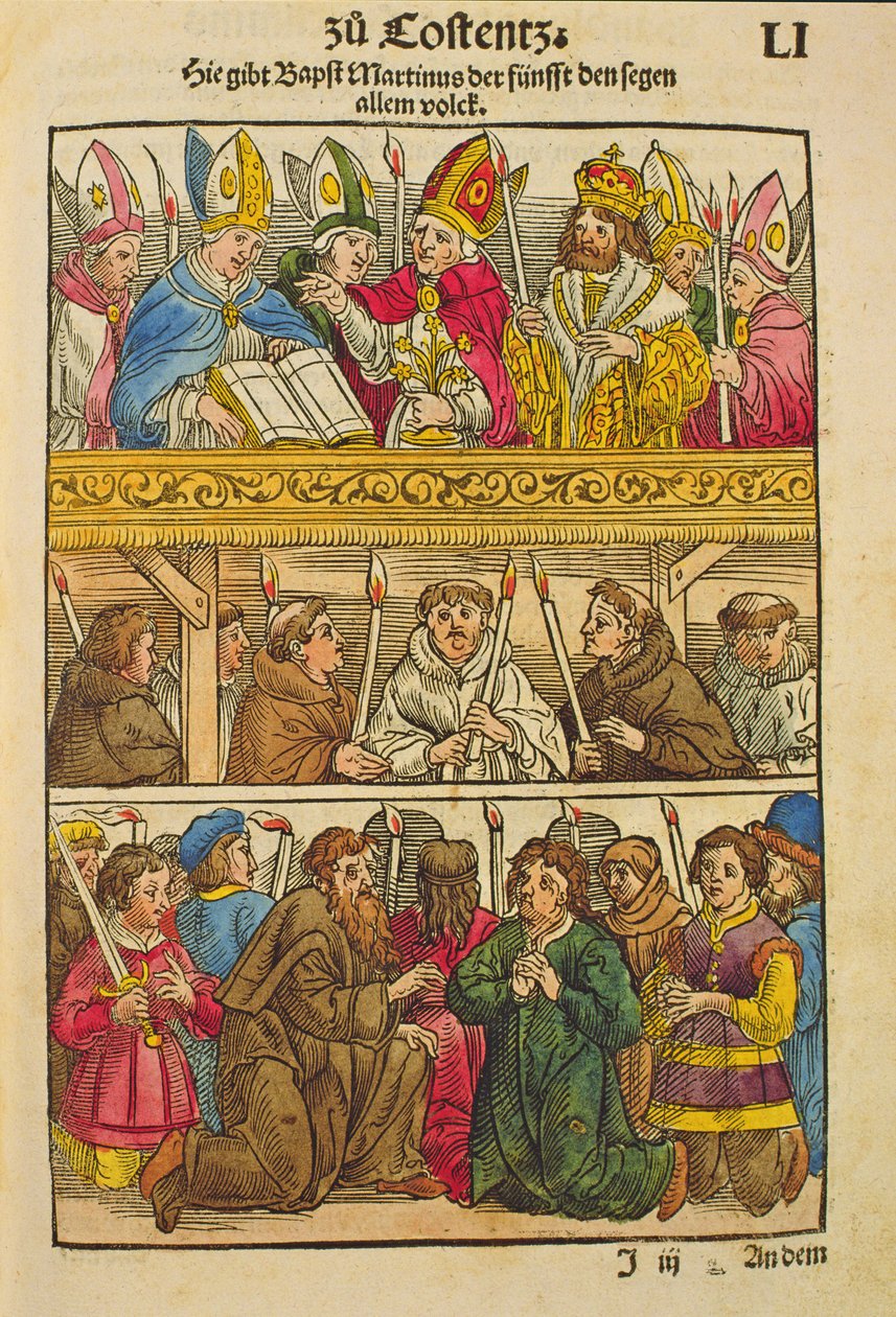 Martin V. wird zum Papst gewählt und segnet die Menschen auf dem Konzil von Konstanz, 1417, aus 