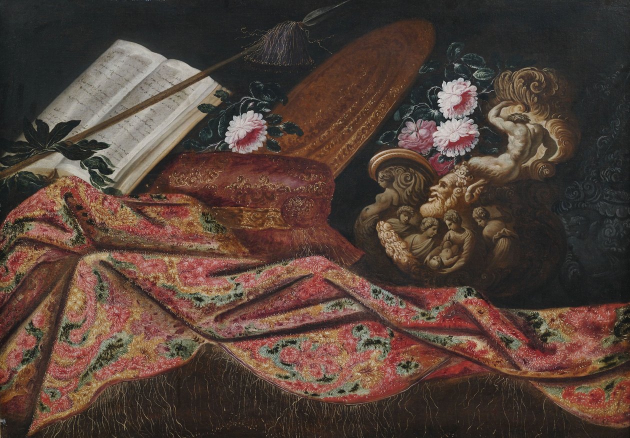 Stilleben mit Prunkvase und Teppichdraperie, links ein aufgeschlagenes Buch mit Lorbeerkranz als Allegorie der Dichtkunst von Unbekannt Unbekannt
