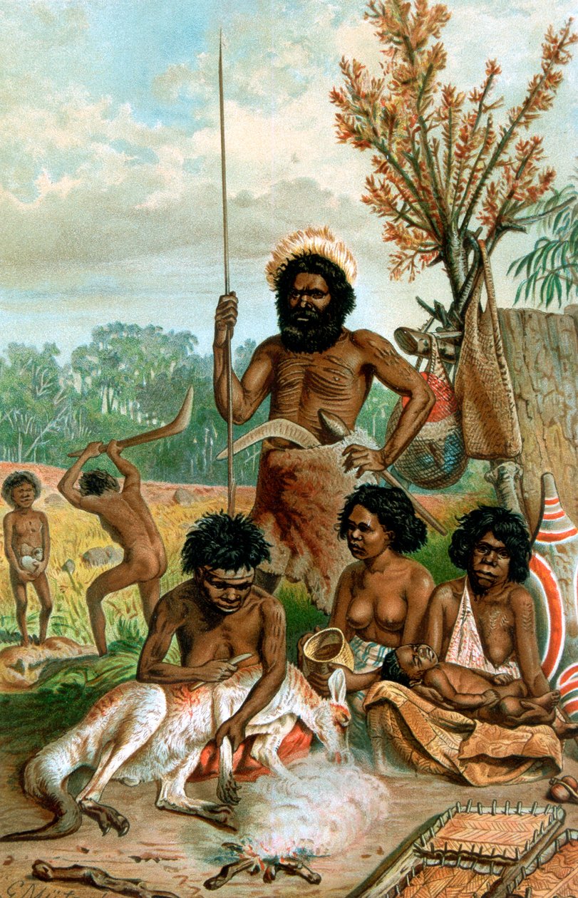 Australische Aborigines beim Schlachten eines Kängurus, 1885-1888 von Unbekannt