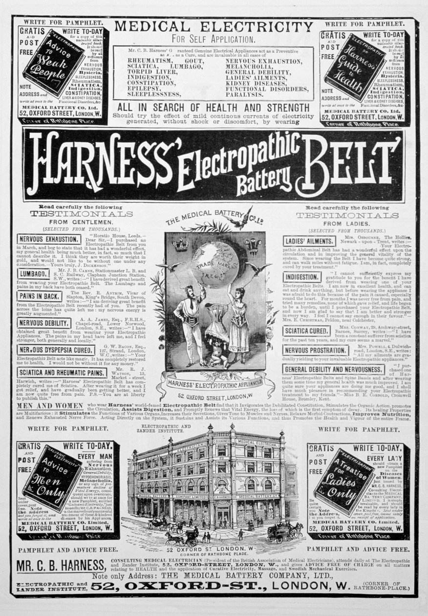 Anzeige für den Harness Electropathic Battery Belt, 1893 von Unbekannt