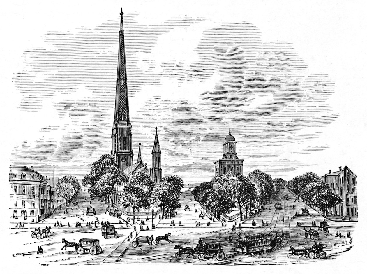 Main Street, Buffalo, gegenüber den Kirchen, 1883 von Unbekannt