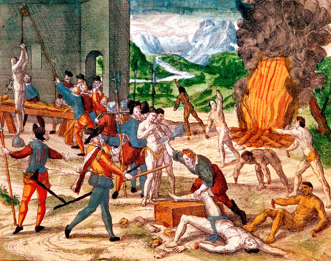 Spanische Konquistadoren foltern amerikanische Indianer, 1539-1542 von Unbekannt
