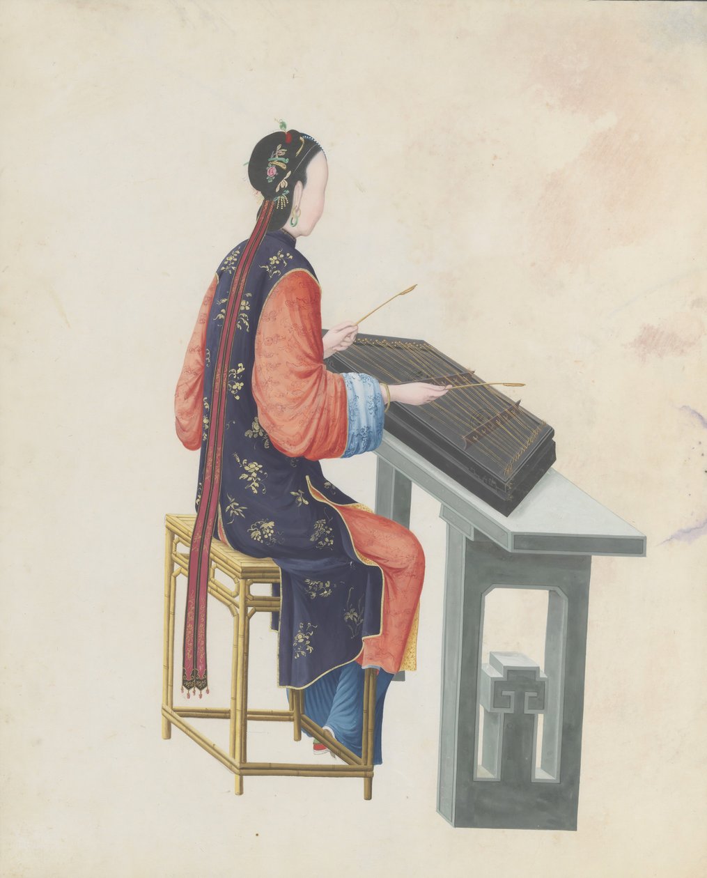 Aquarell eines Musikers, der Yangqin spielt von Unbekannt