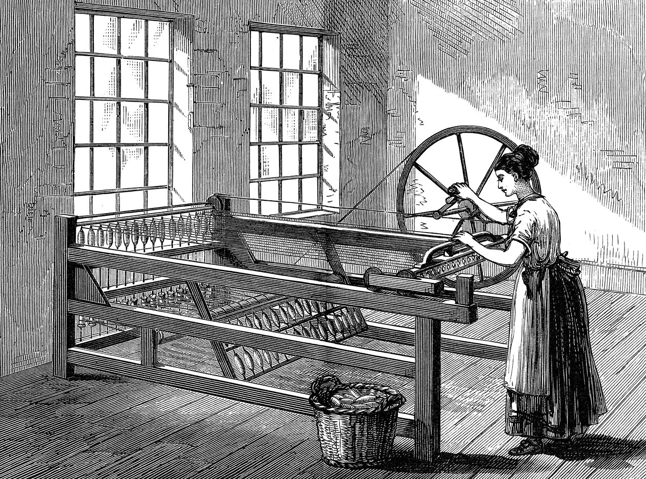 Frau benutzt eine Spinning Jenny, um 1880 von Unbekannt