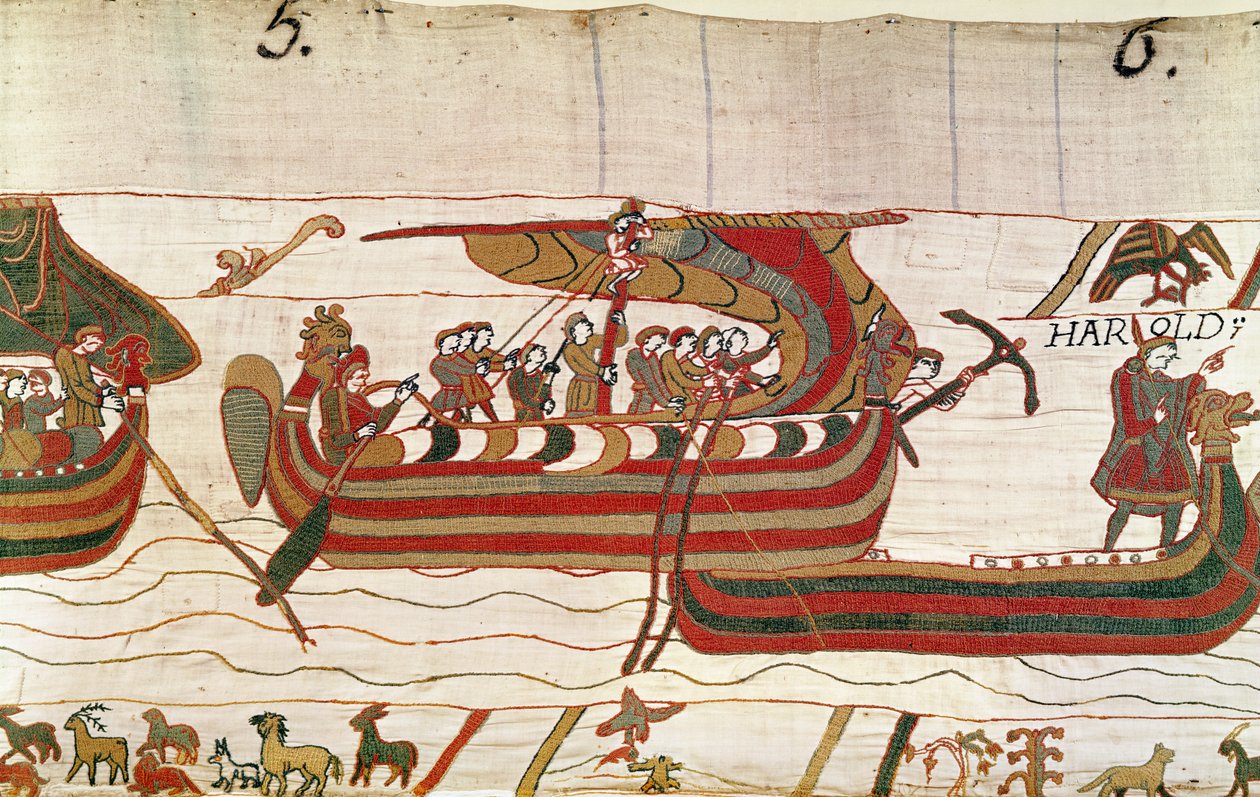 Die Schiffe werden von den Winden in das Gebiet von Graf Guy von Ponthieu getrieben, Teppich von Bayeux von Unbekannt Unbekannt
