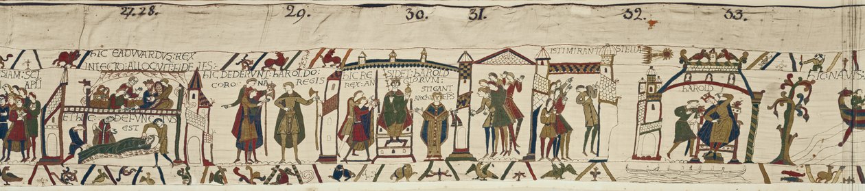 Tod von Edward dem Bekenner und Krönung von Harold, aber ein unheilvolles Stern erscheint, Teppich von Bayeux von Unbekannt Unbekannt
