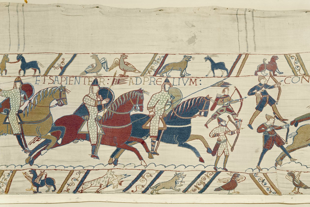 Herzog Wilhelm ermahnt seine Truppen, sich tapfer und klug auf die Schlacht gegen die englische Armee vorzubereiten, Bayeux-Tapisserie von Unbekannt Unbekannt