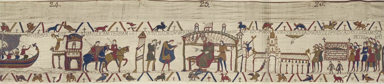 Graf Harold kehrt nach England zurück und besucht König Edward den Bekenner, dessen Leichnam zur Kirche St. Peter getragen wird, Teppich von Bayeux von Unbekannt Unbekannt