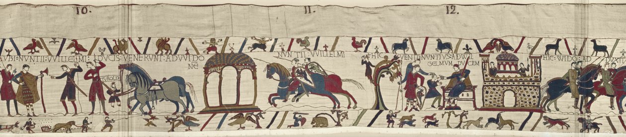 Gesandte von Herzog Wilhelm werden zu Graf Guy geschickt und kehren mit einer Nachricht zurück, Teppich von Bayeux von Unbekannt Unbekannt
