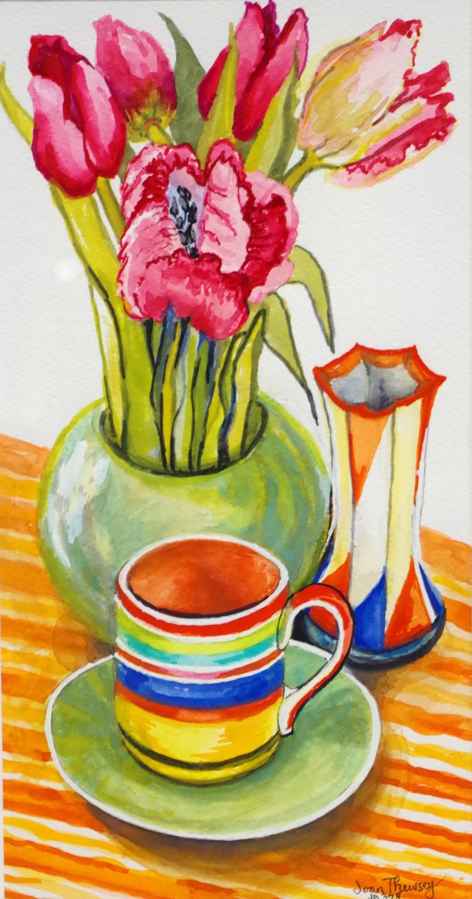 Gestreifte Tasse mit Untertasse, Vase und Tulpen von Unbekannt Unbekannt