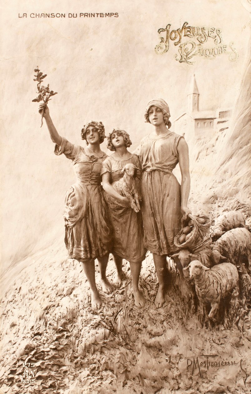 Alte Postkarte Frühlingslied Schäferin Schafe von William M. Timlin