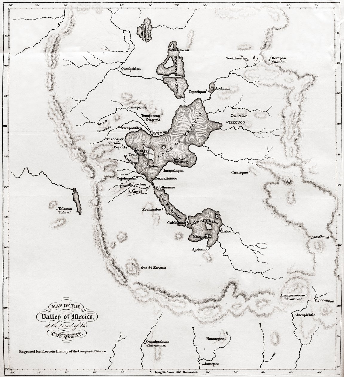 Karte des Tals von Mexiko zur Zeit der Eroberung, aus Geschichte der Eroberung Mexikos, veröffentlicht 1850 von Unbekannt Unbekannt