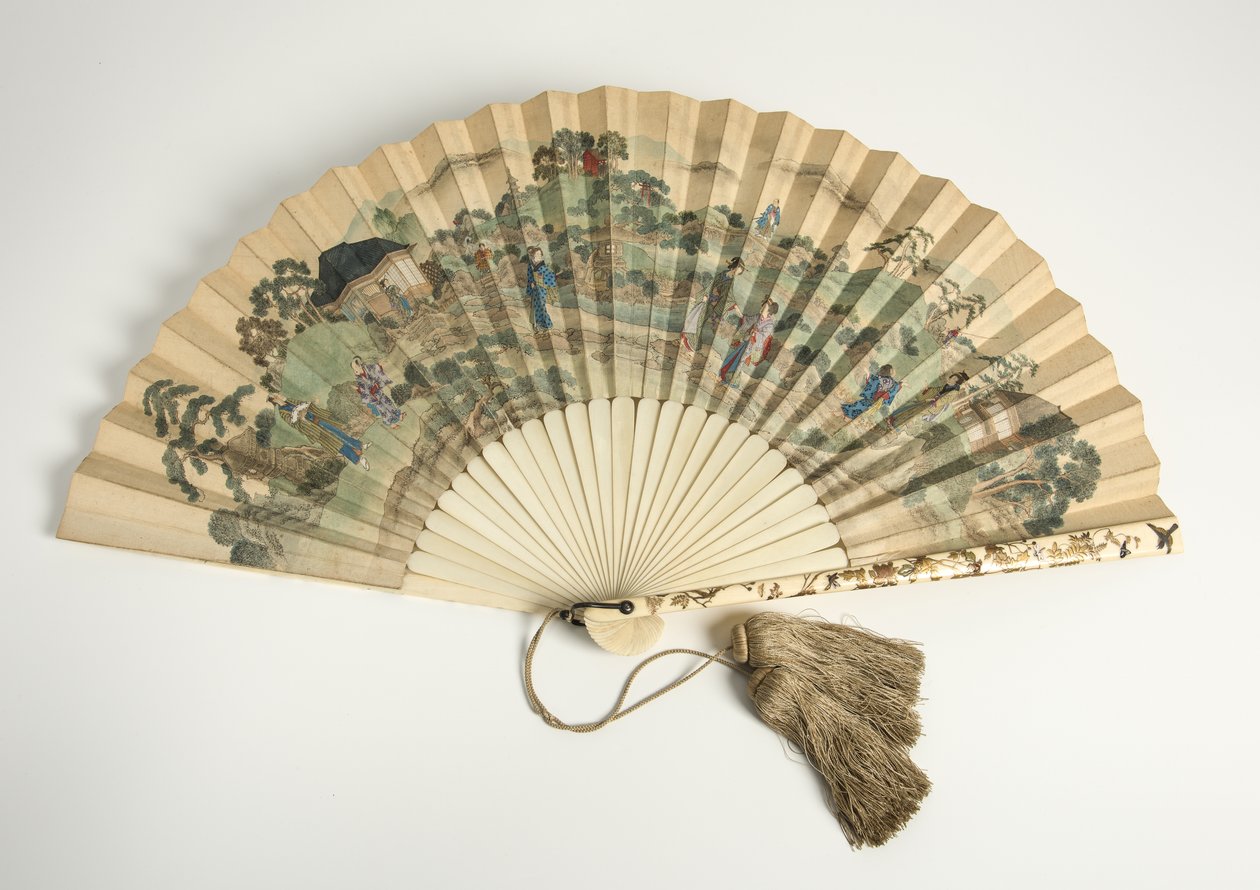 Bedruckter Papierfächer mit japanischen Figuren in einer Landschaft, 1880er Jahre von Unbekannt Unbekannt