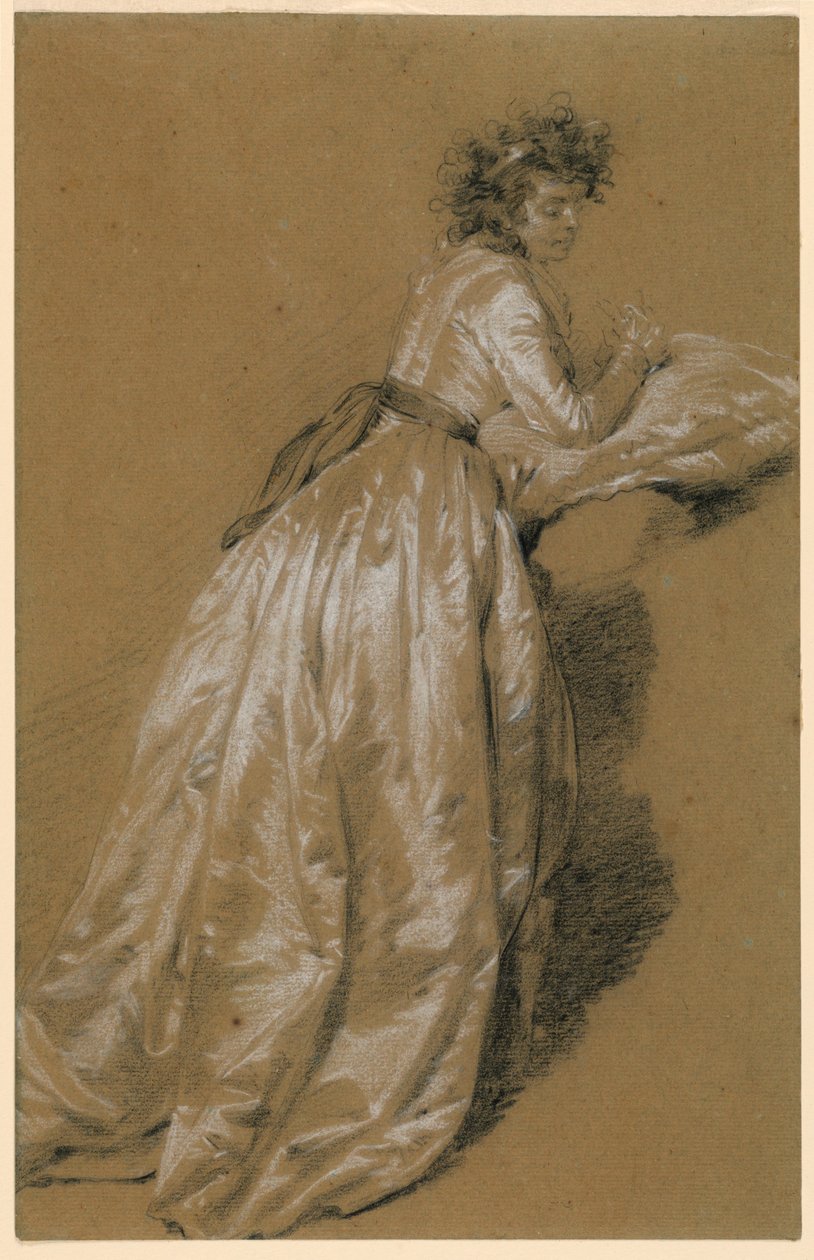 Stehende Frau in einem weißen Kleid von Unknown