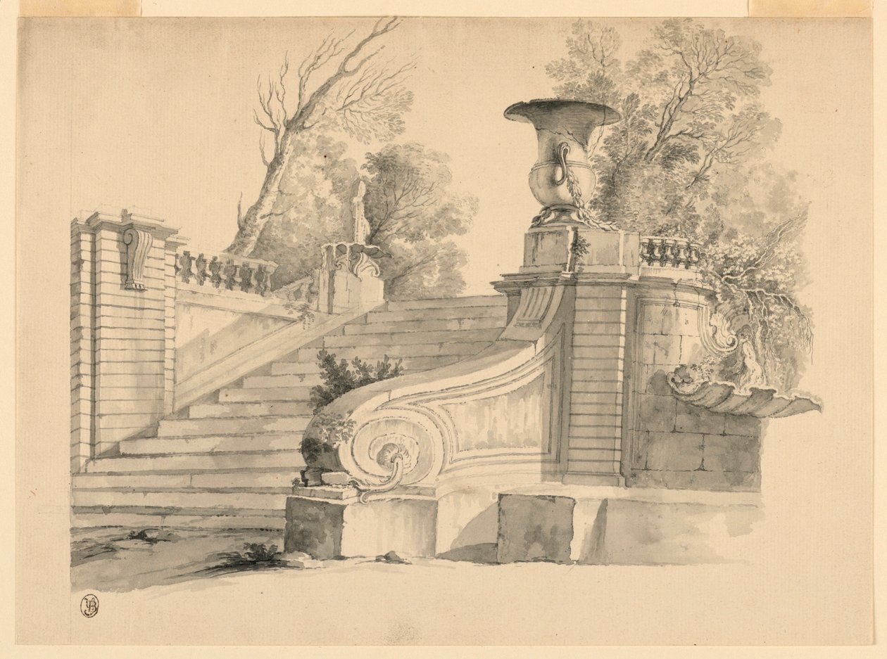 Zeichnung, Fantasie. Eine Treppe in einem Park, in Ruinen von Unknown