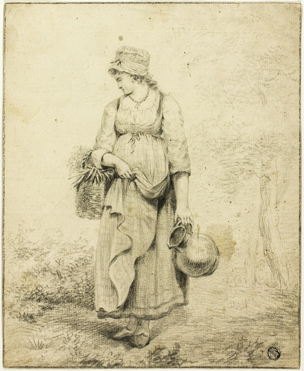 Stehendes Mädchen mit Krug und Korb von Unknown