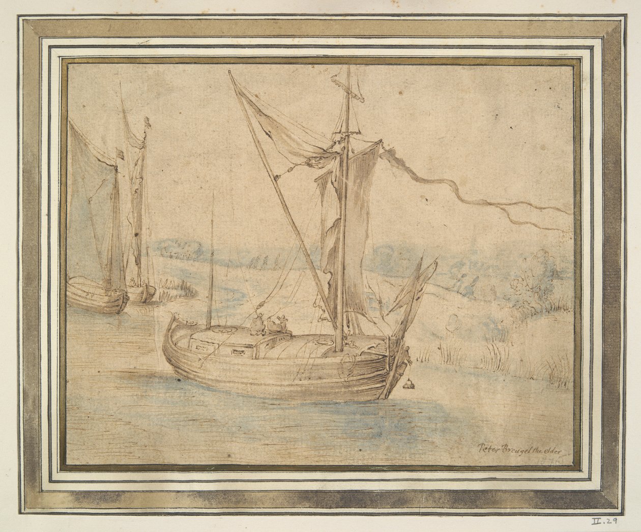 Drei Boote in einer hügeligen Landschaft von Unknown