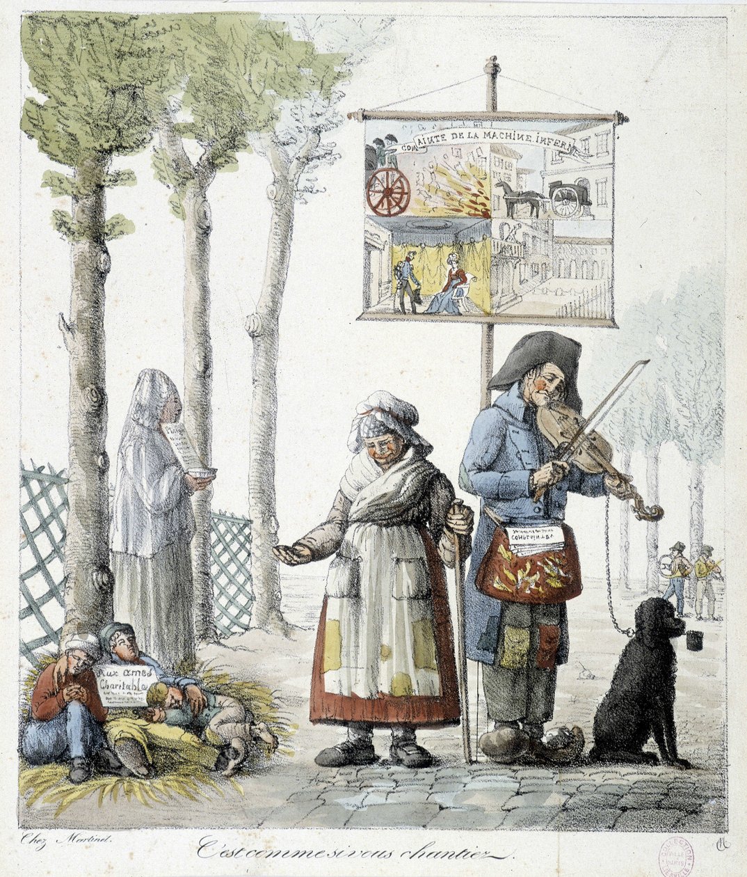 Straßenmusiker, bettelnde Kinder - Lithografie von Unknown artist