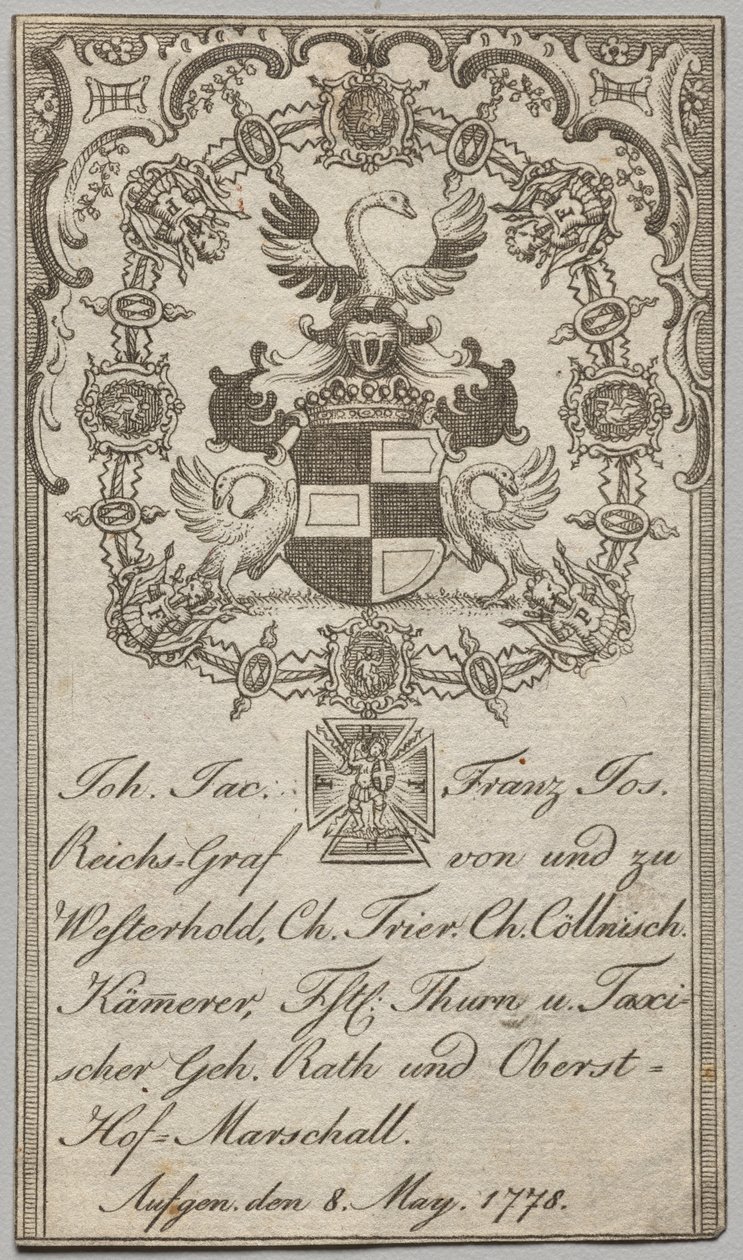 Exlibris: Johan. Jac. Franz-Joseph, Reichsgraf von Westerhold von Unknown artist