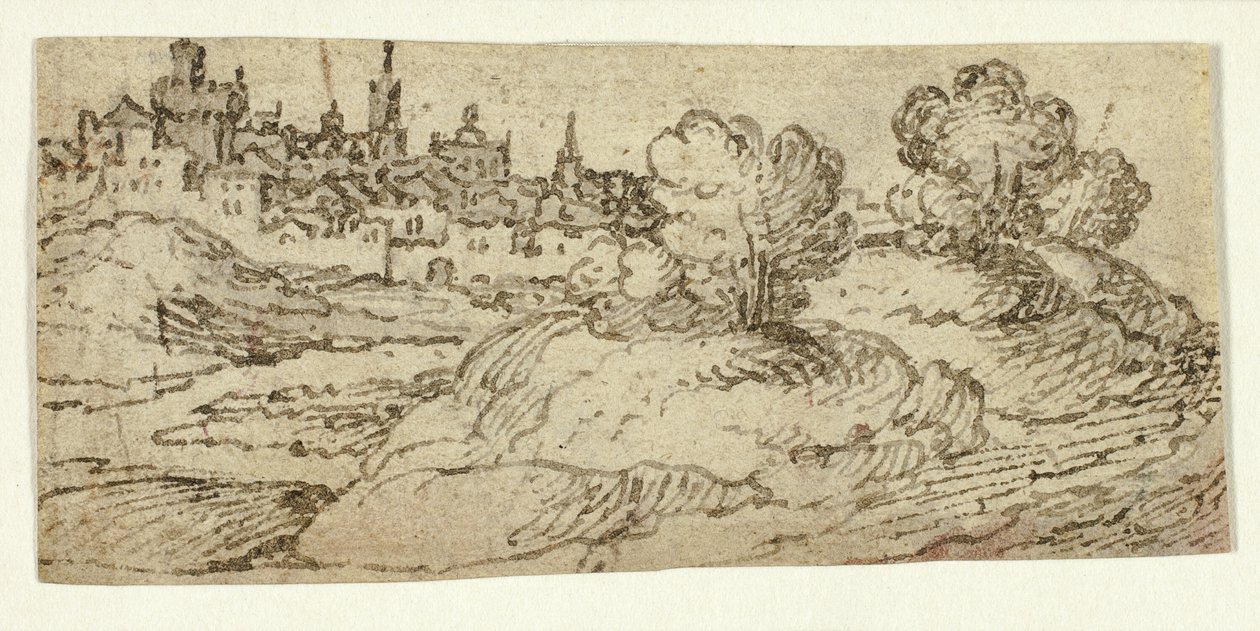 Hügelstadt mit Bäumen im Vordergrund von Unknown artist