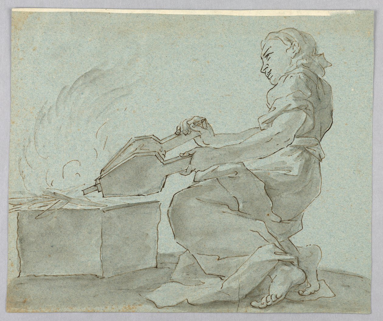 Frau mit Blasebalg, die Feuer anzündet von Unknown artist