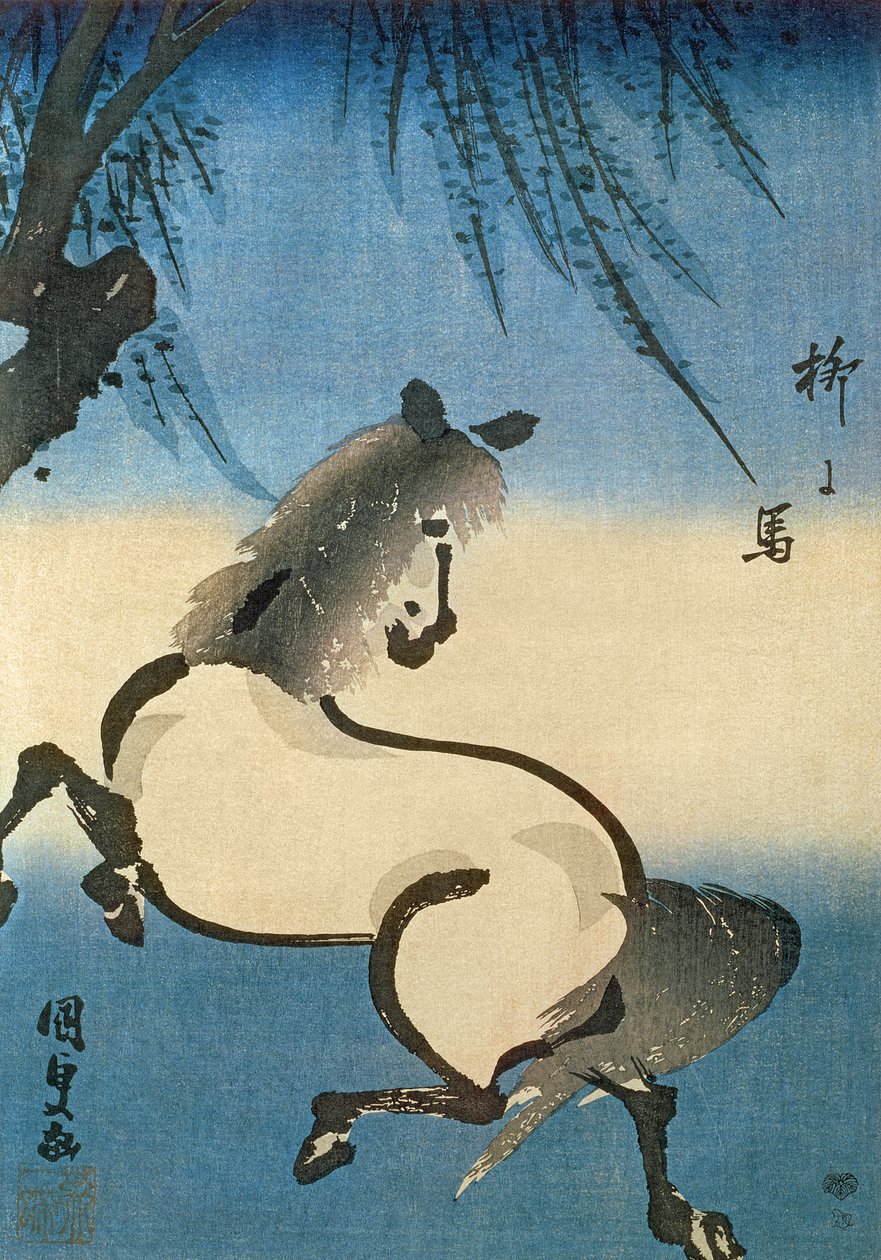 Ein Pferd galoppiert unter einem Weidenbaum von Utagawa Kunisada