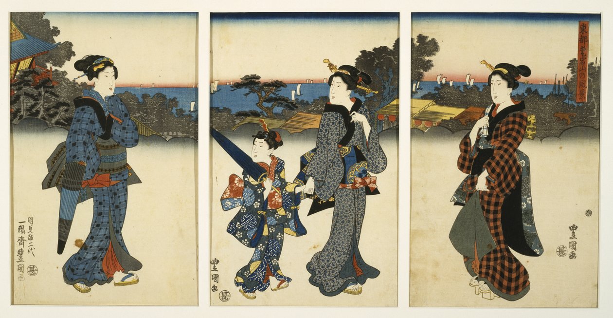 Kurtisanen spazieren am Meer, Mitte des 19. Jahrhunderts von Utagawa Kunisada