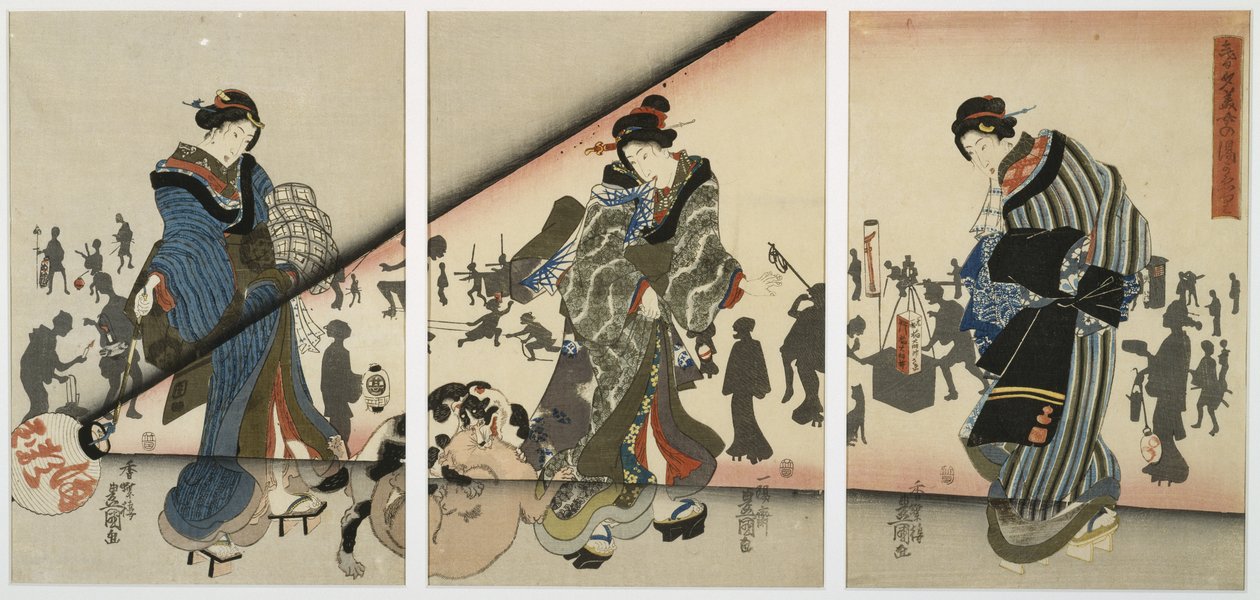 Nachtszene mit Mädchen, Tieren und Laternen, Mitte des 19. Jahrhunderts von Utagawa Kunisada