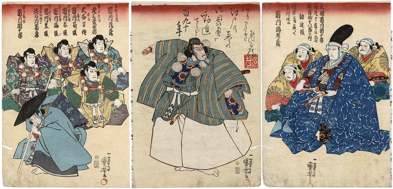 Schauspieler in Kanjincho: Ichikawa Kuzo II als Togashi no Saemon, Ichikawa Ebizo V als Musashibo Benkei, Ichikawa Danjuro VIII als Minamoto no Yoshitsune von Utagawa Kuniyoshi